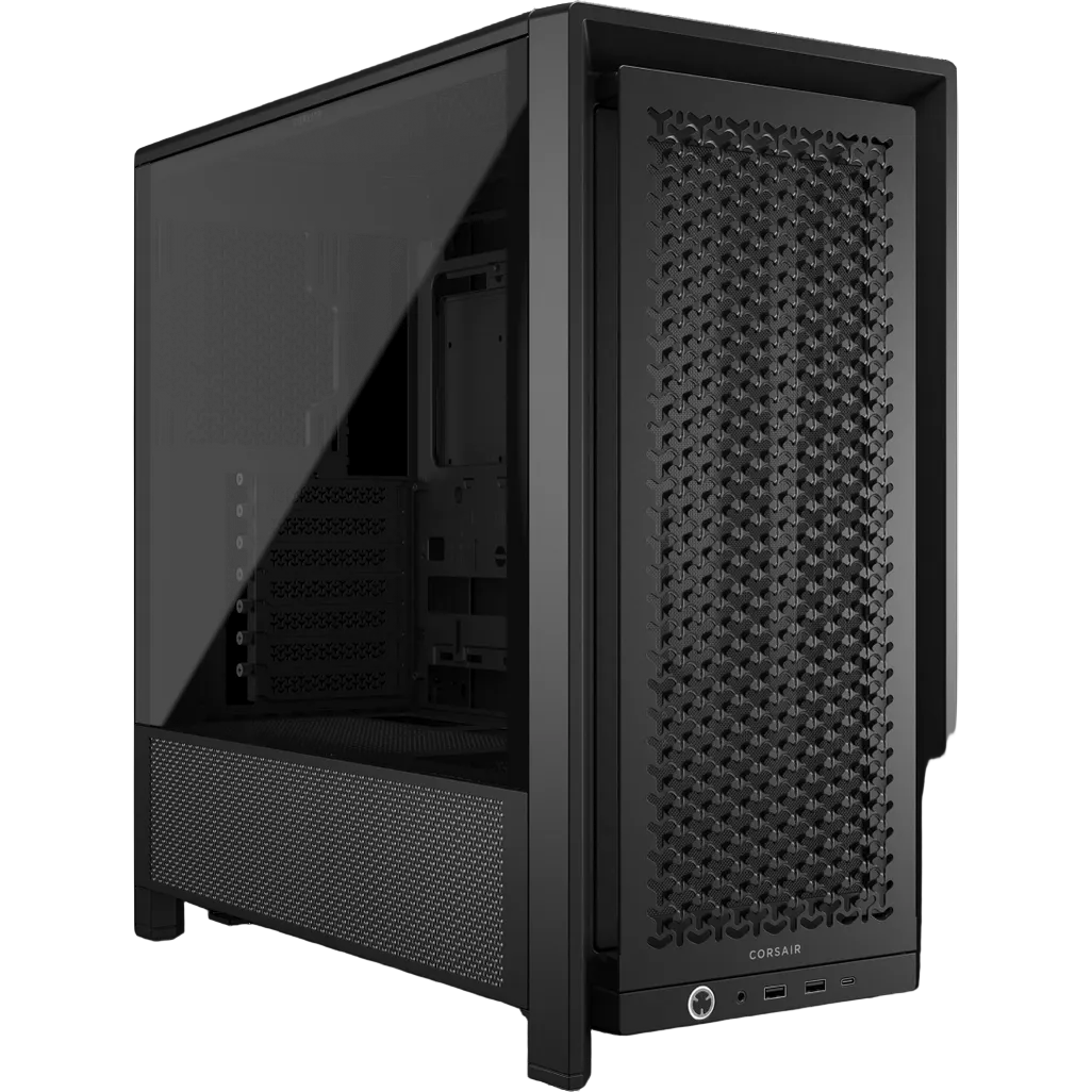 Black computer case with mesh design on a white background