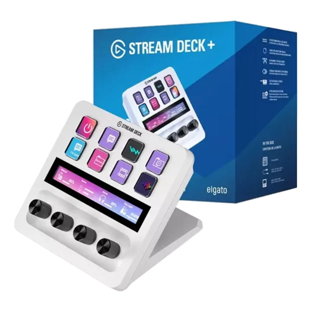 Elgato Stream Deck+ with packaging on a white background
