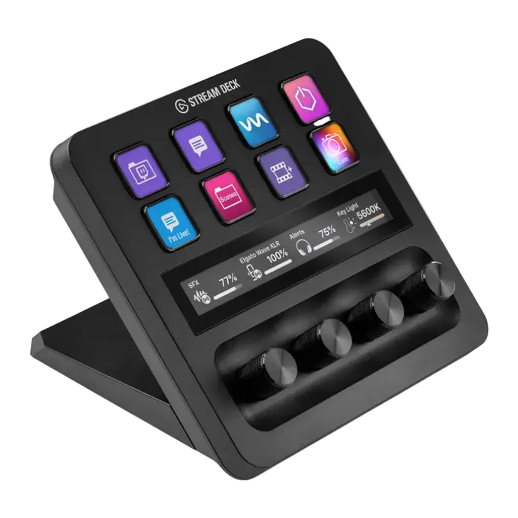 Black electronic device with colorful buttons and display on a white background