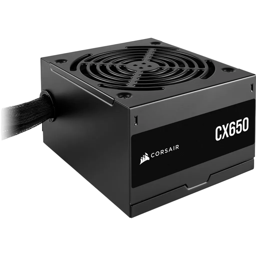 Corsair CX650 power supply unit on a white background