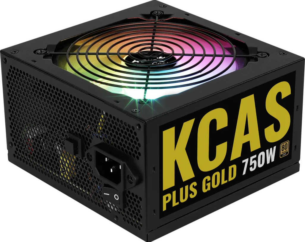 Power supply unit with colorful fan and 'KCAS Plus Gold 750W' branding on a white background