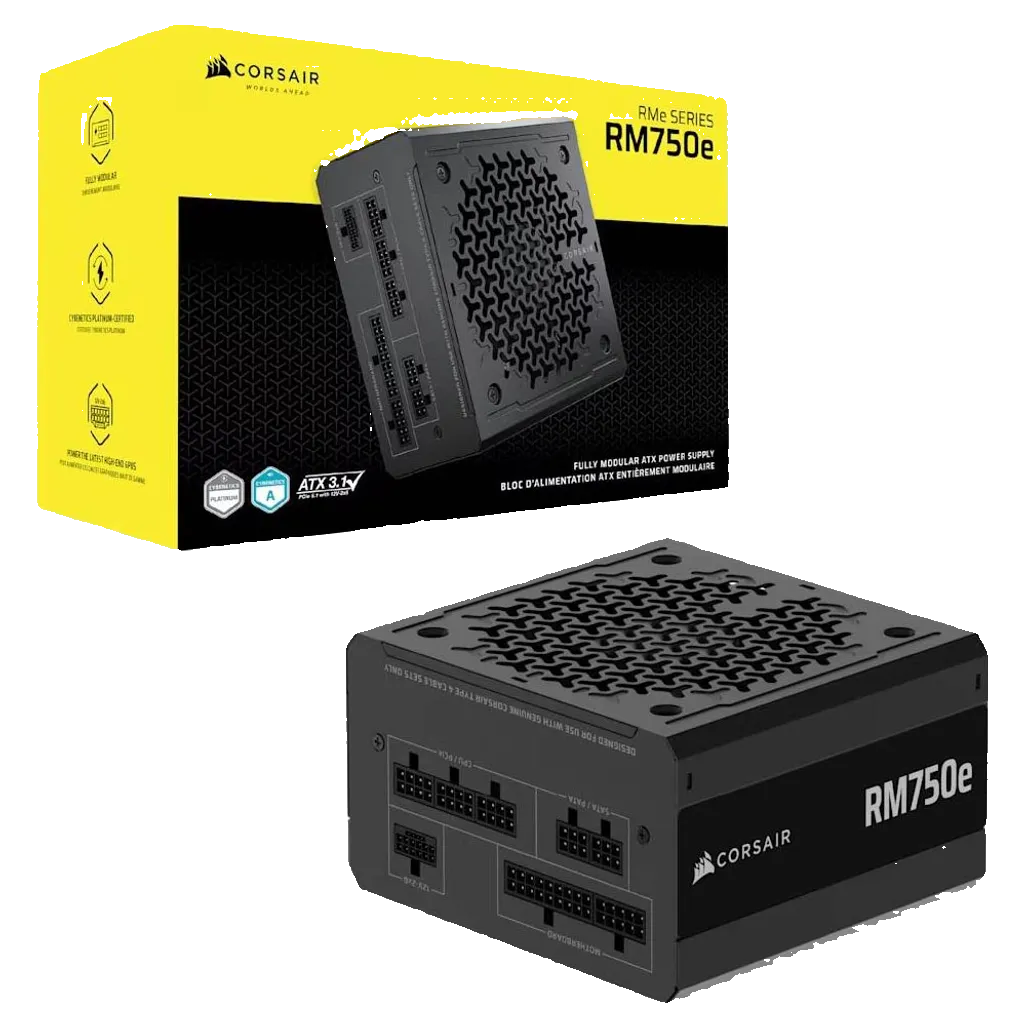 Corsair RM750e power supply unit with packaging on a white background