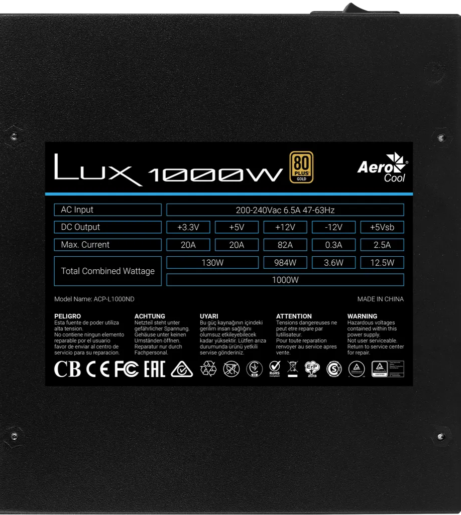 Aeros Cool Lux 1000W power supply unit with specifications on a black background