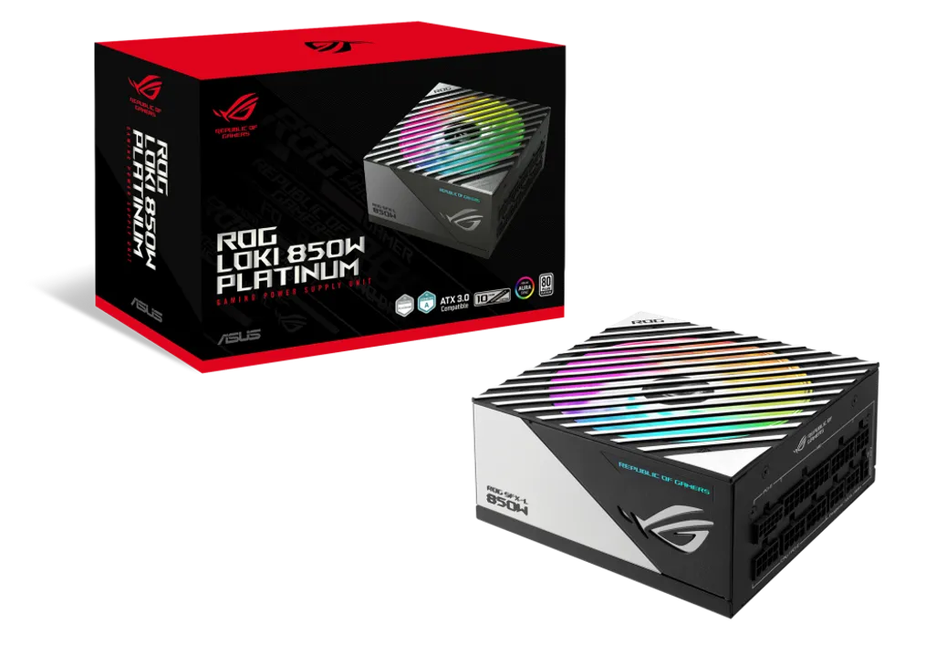 ASUS ROG power supply unit and packaging on a white background