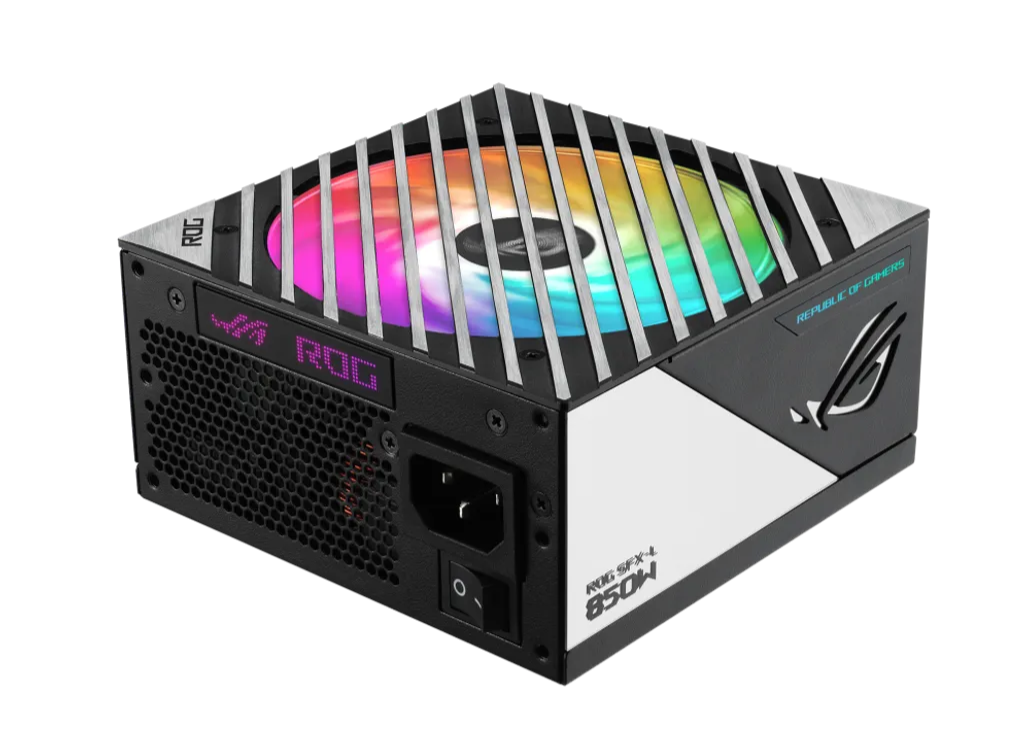 Computer power supply unit with RGB lighting on a white background
