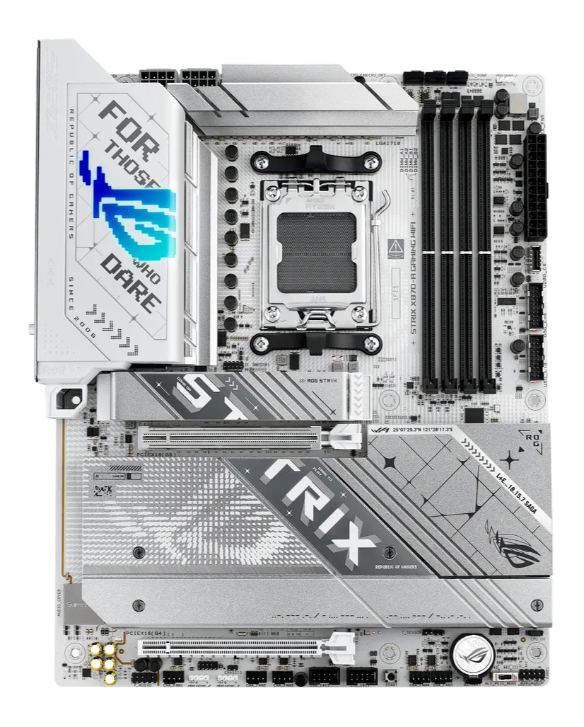 Computer motherboard with ASUS ROG Strix branding on a white background