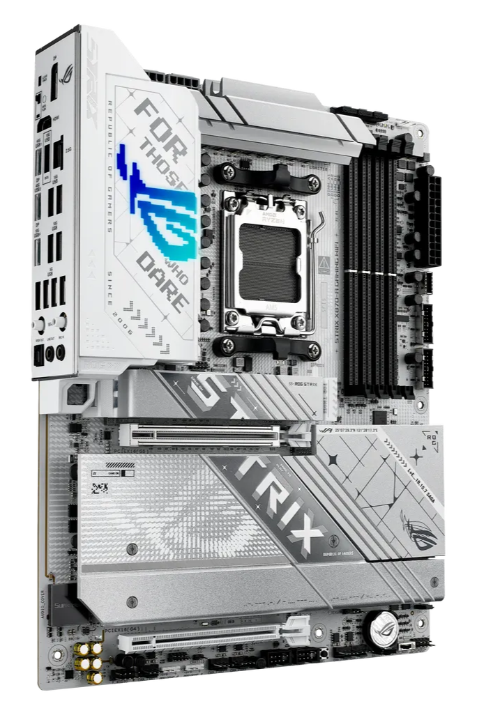 Computer motherboard with ROG Strix branding on a white background