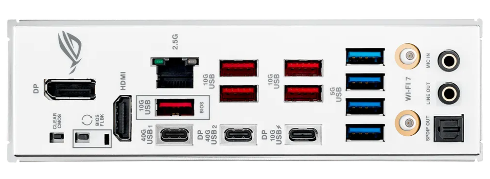 Computer motherboard with various ports and connectors on a white background