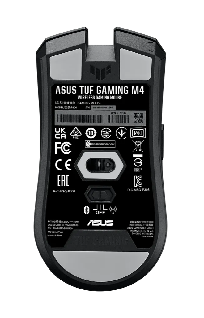 Back view of an ASUS TUF Gaming M4 wireless gaming mouse on a white background