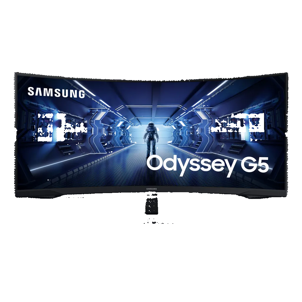 Samsung Odyssey G5 monitor with a futuristic display on a white background