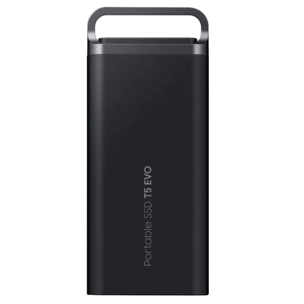 Black portable SSD T5 EVO on a white background