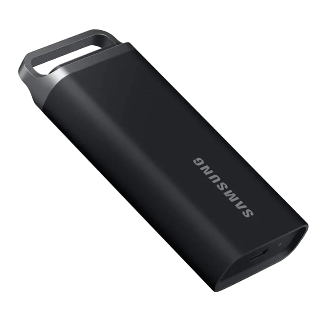 Black Samsung USB drive on a white background
