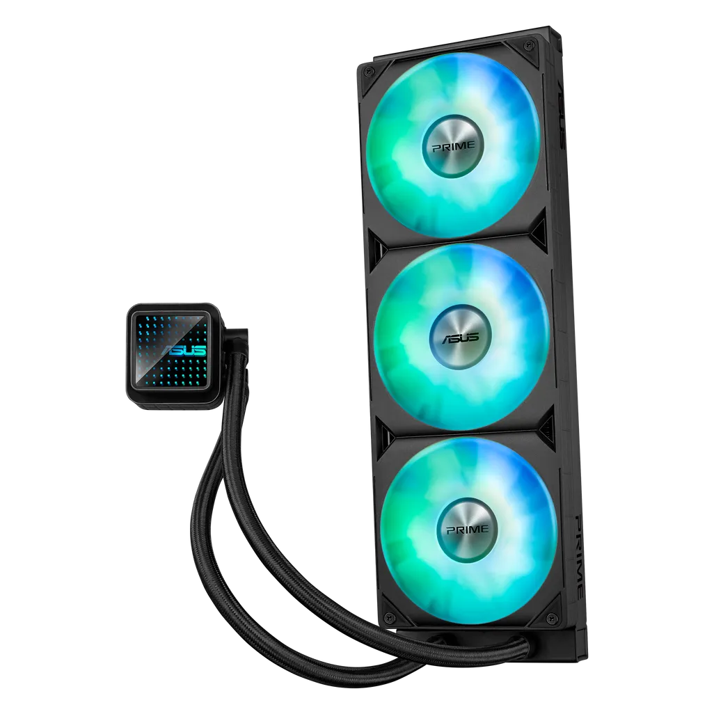 Three-tower computer cooler with RGB lighting on a white background