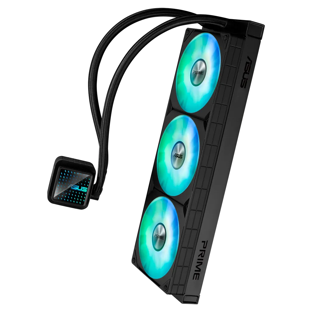 ASUS cooling system with three illuminated fans on a white background