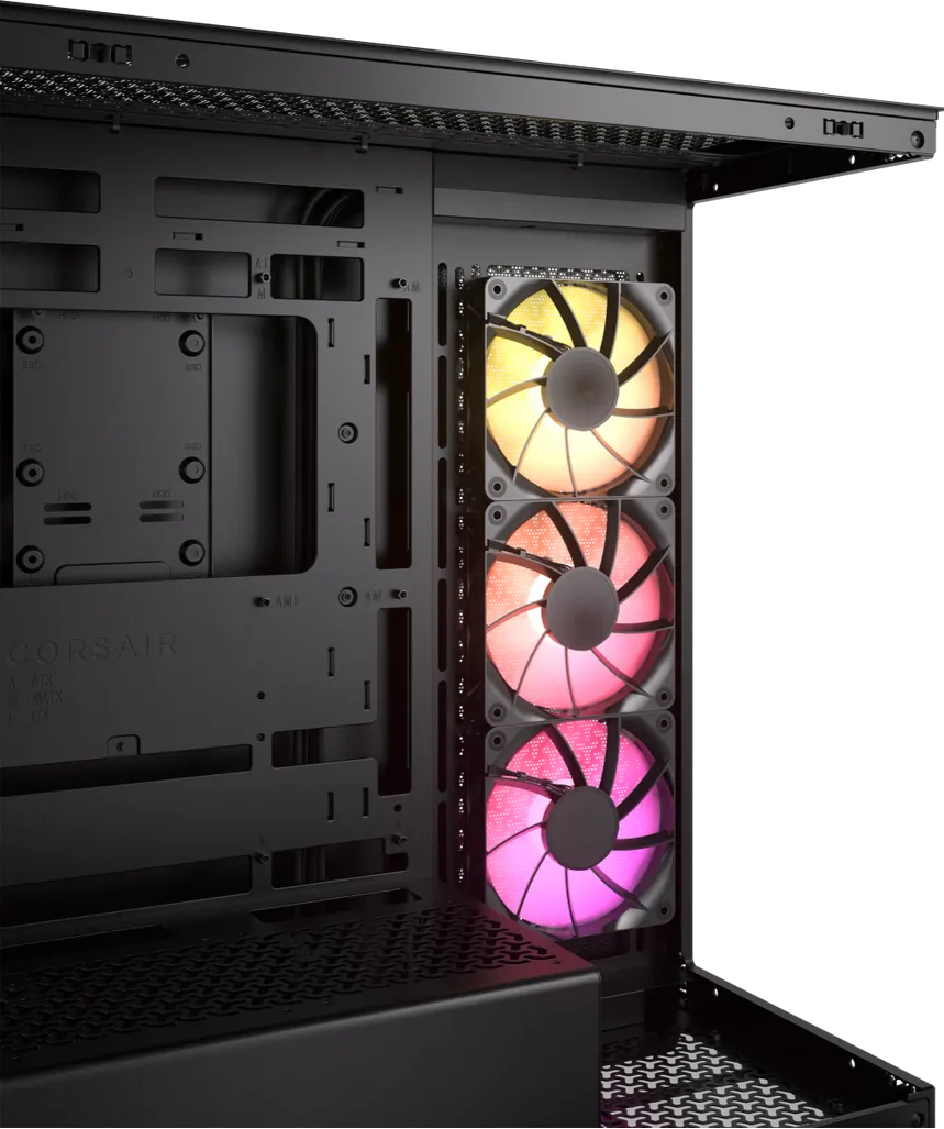 Computer case with RGB cooling fans on a white background