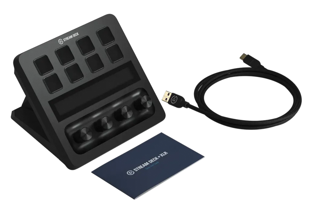 Black electronic device with USB cable and card on a white background
