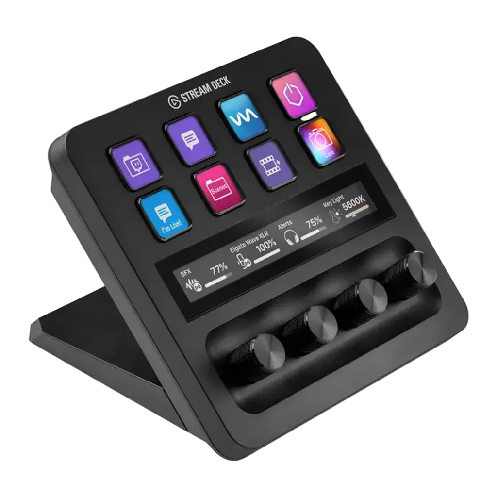 Black electronic device with colorful buttons and display on a white background
