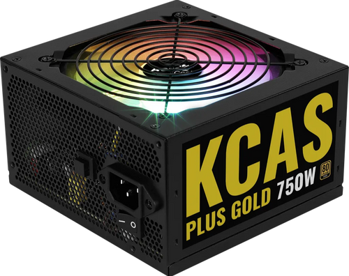 Power supply unit with colorful fan and 'KCAS Plus Gold 750W' branding on a white background