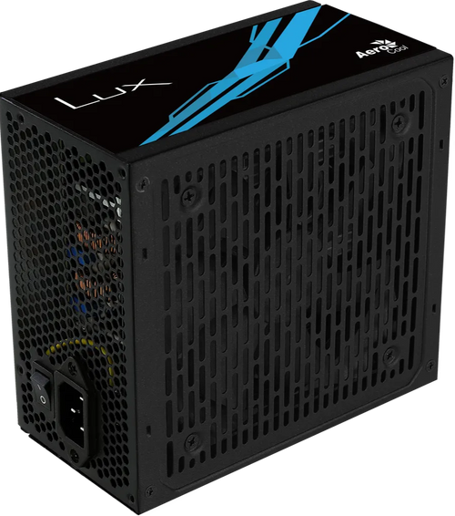 Black computer power supply unit with blue accents on a white background