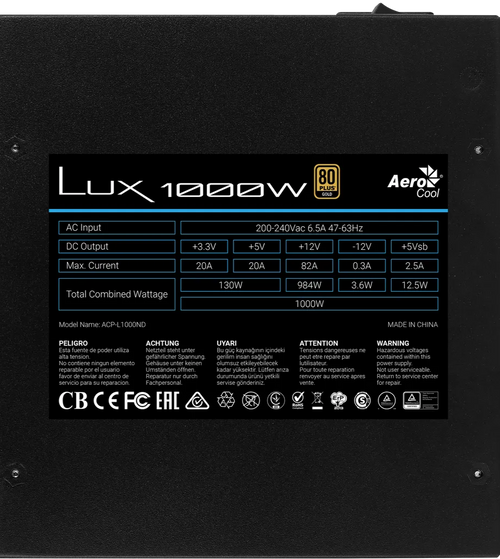 Aeros Cool Lux 1000W power supply unit with specifications on a black background