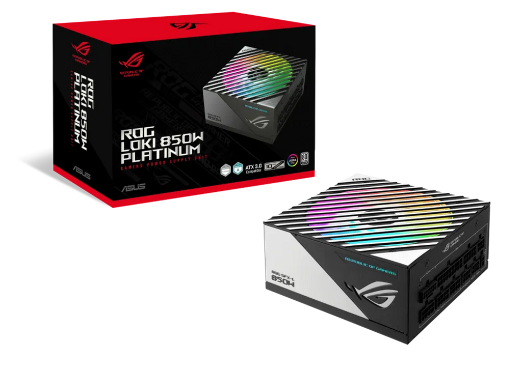 ASUS ROG power supply unit and packaging on a white background