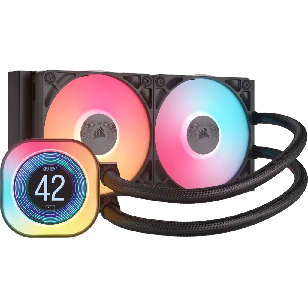 Computer cooling system with RGB lighting on a white background