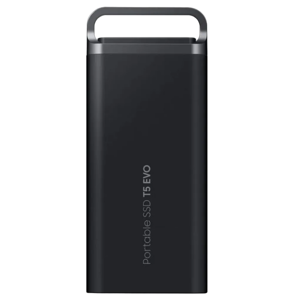 Black portable SSD T5 EVO on a white background
