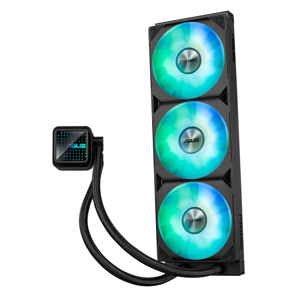 Three-tower computer cooler with RGB lighting on a white background