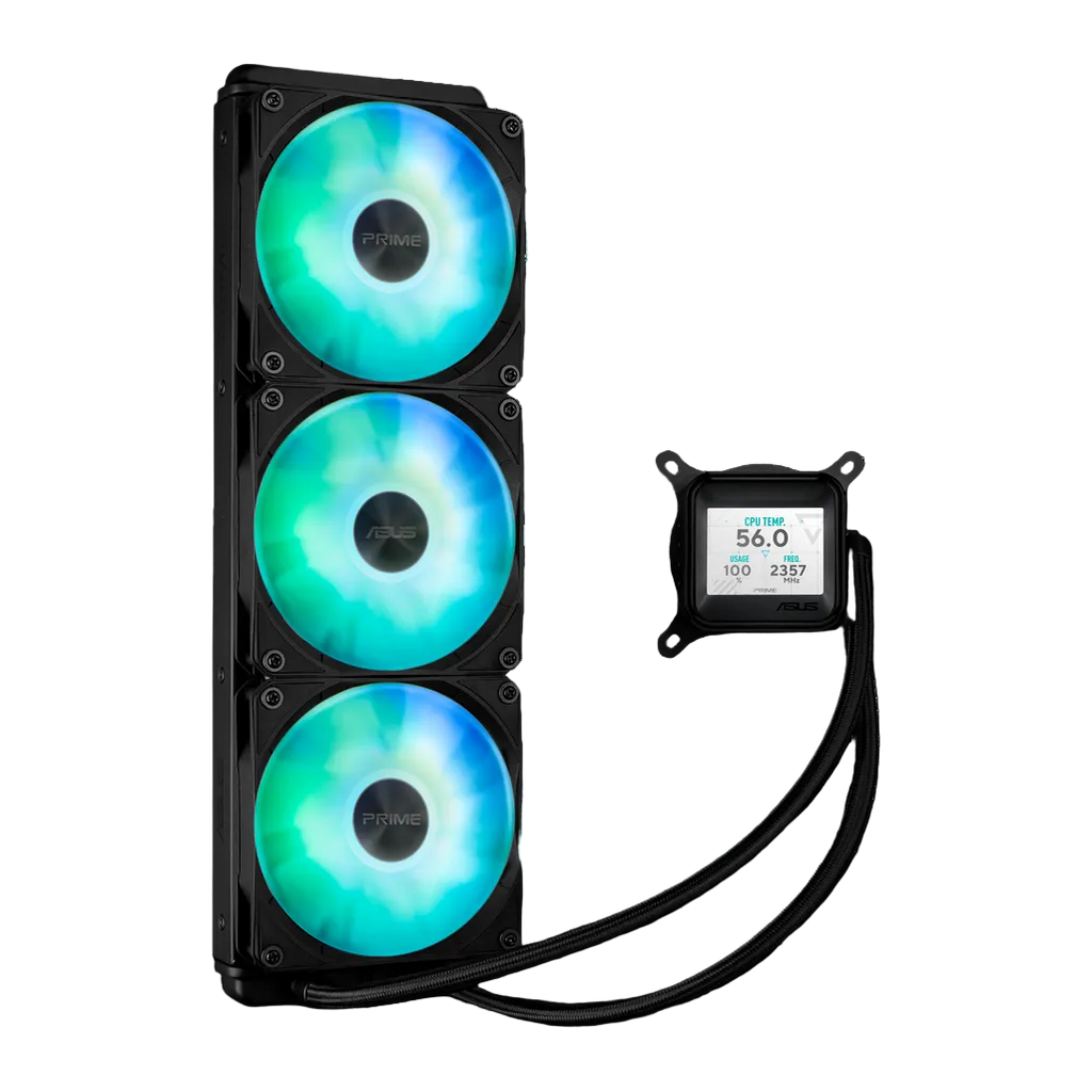 Computer cooling system with three RGB fans and a digital display on a white background